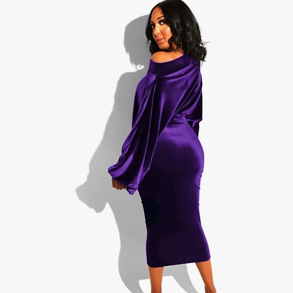 NEW Echoine Womens Velour Long Sleeve Midi Dress Off Shoulder Bodycon Dress - Picture 2 of 12